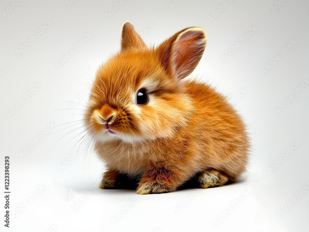 Fluffy baby bunny sits upright with perked ears in a cozy indoor setting Fluffy baby bunny sits upright with perked ears in a cozy indoor setting