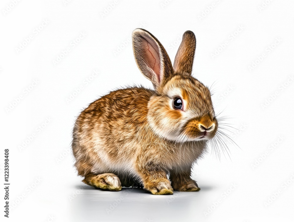 Fototapeta premium Fluffy baby bunny sits upright with ears perked up in a playful pose