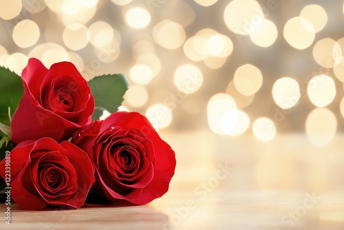 Red Roses With Glow Bokeh Lights On Smooth Surface. photo