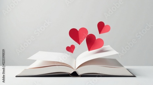 Open book with red paper hearts emanating from its pages, a symbol of love, romance, and cherished memories.