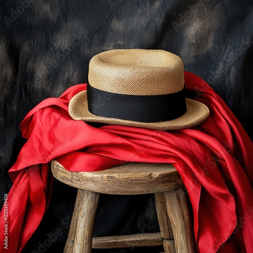 Elegant matador hat and red cape on a wooden stool against a dark background