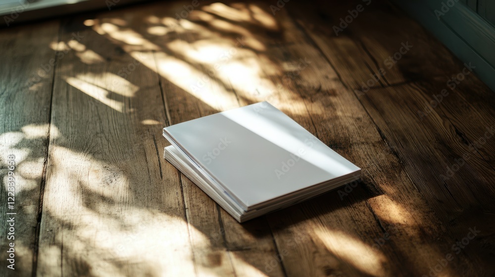White blank notebooks on wooden floor with sunlight and shadows White blank notebooks on wooden floor with sunlight and shadows