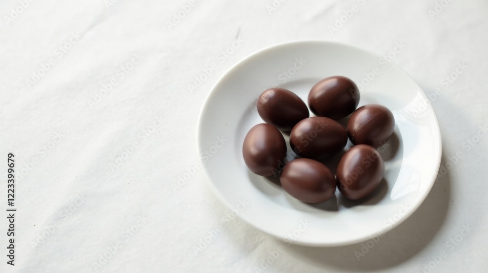 A delectable arrangement of dark chocolate eggs rests on a pristine white plate, set against a subtly textured white background. A delectable arrangement of dark chocolate eggs rests on a pristine white plate, set against a subtly textured white background.