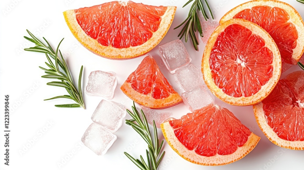 Fresh grapefruits sliced with ice cubes and rosemary sprigs Fresh grapefruits sliced with ice cubes and rosemary sprigs