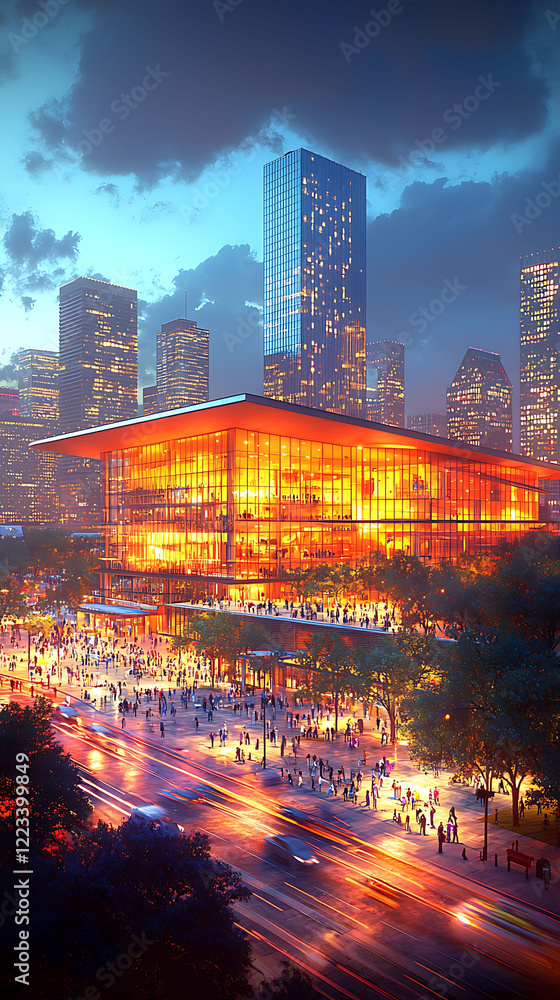 Obraz premium Stunning cityscape at twilight, showcasing a modern glass building illuminated with warm light. Crowds gather outside, creating a vibrant urban scene.