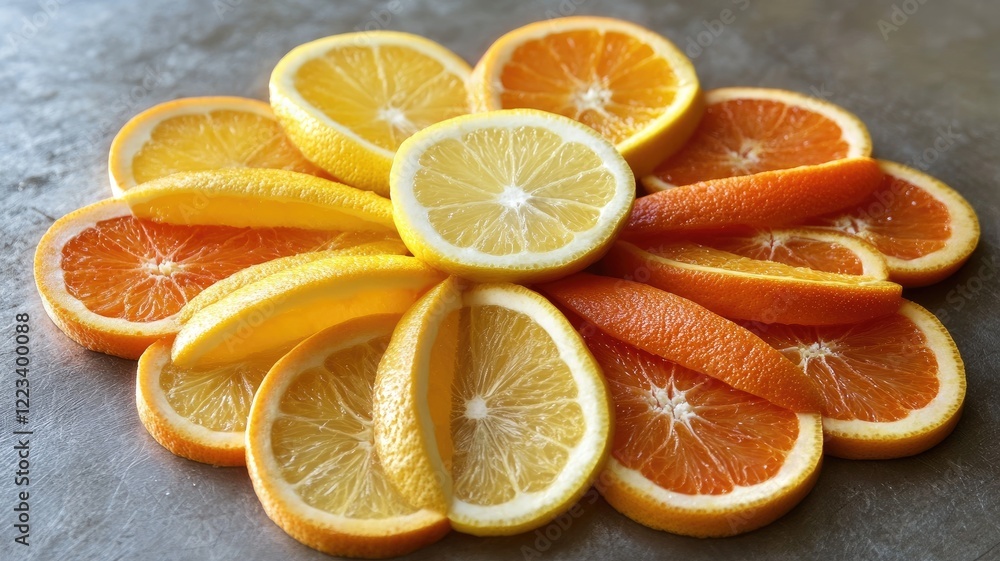 Fototapeta premium Assorted citrus fruit slices arranged in circular pattern