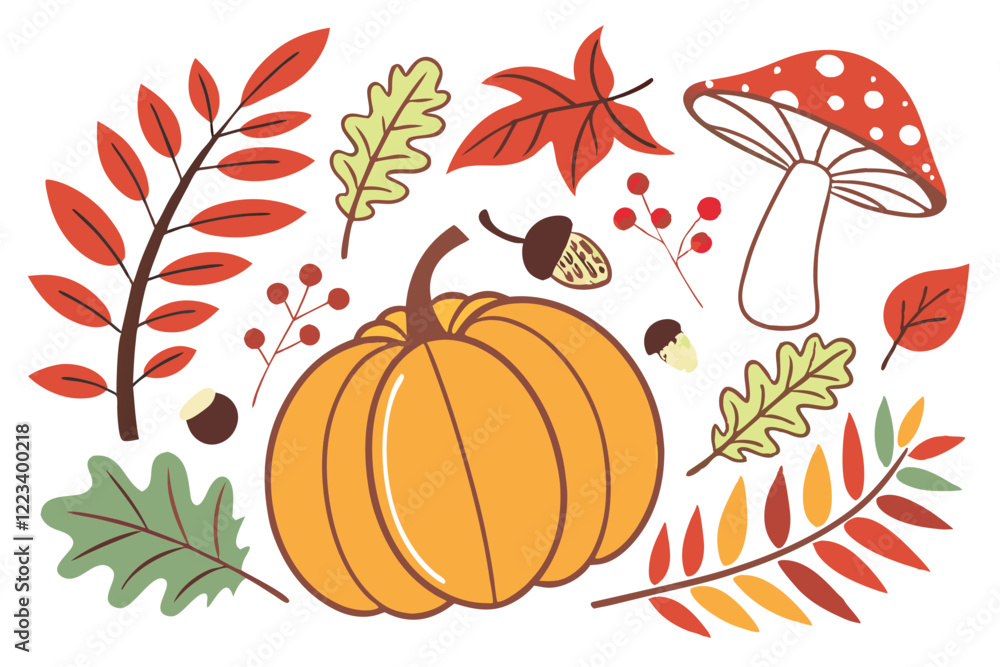 Naklejka premium Autumn elements, colorful fall leaves, pumpkin, acorn, mushrooms, berries, apples, chestnuts, squash, fern, oak leaf, maple leaf, toadstools, botanical illustration, hand-drawn style, flat design,