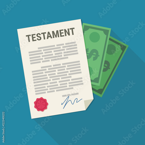 A testament with a wad of green bills on a blue background with long shadow (flat design)