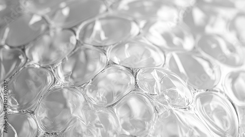 A close-up of bubble wrap with transparent air-filled pockets, creating a fun and recognizable tactile pattern. photo