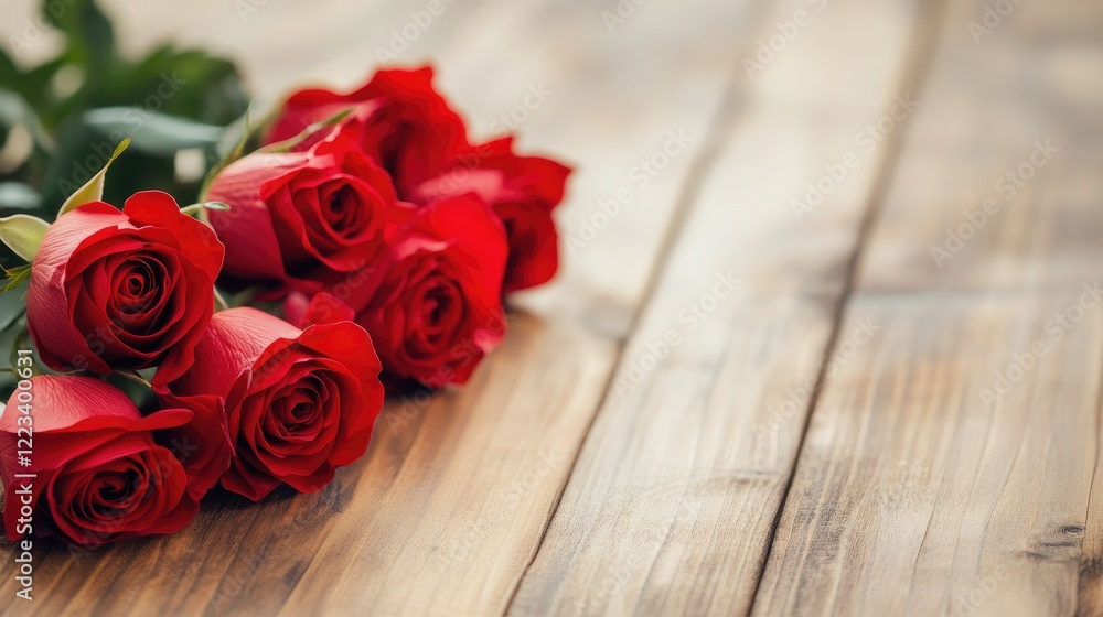Romantic Red Roses Arrayed On Natural Wooden Backdrop. Romantic Red Roses Arrayed On Natural Wooden Backdrop.