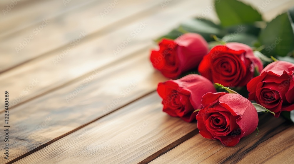 Red Roses Arranged On A Natural Wooden Background