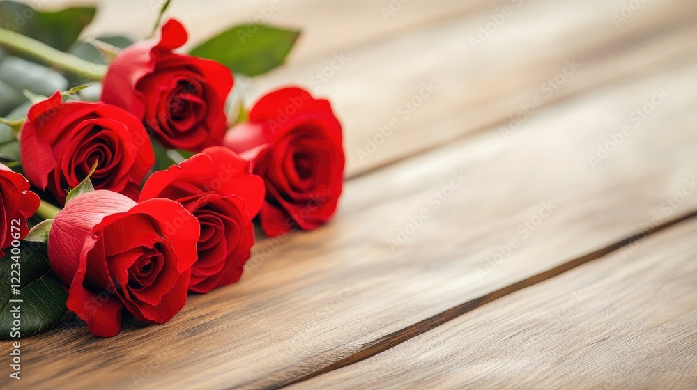 Five Stunning Red Roses On A Smooth Wooden Table Five Stunning Red Roses On A Smooth Wooden Table