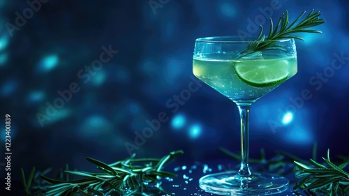 Elegant cocktail with lime slice and rosemary garnish