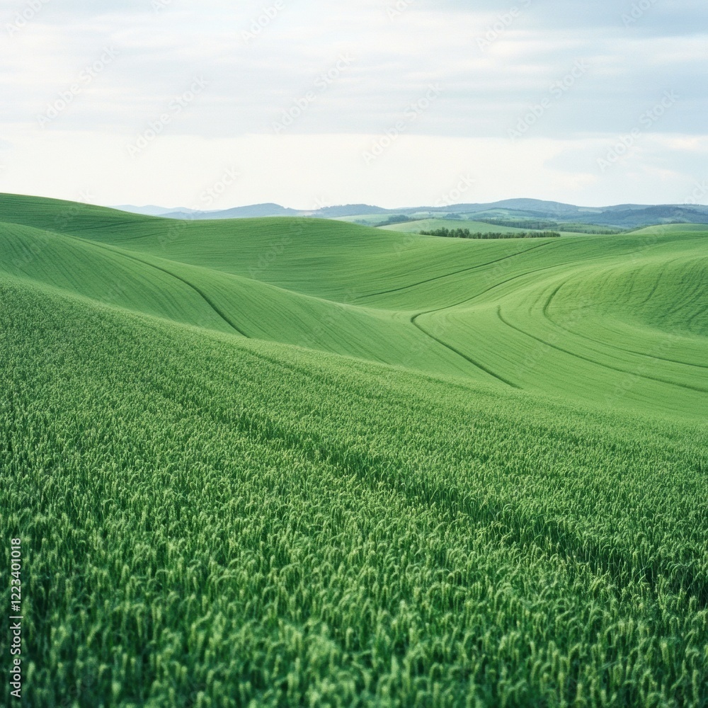 Obraz premium Lush green wheat fields undulate under a cloudy sky in a tranquil landscape during early afternoon hours. Generative AI