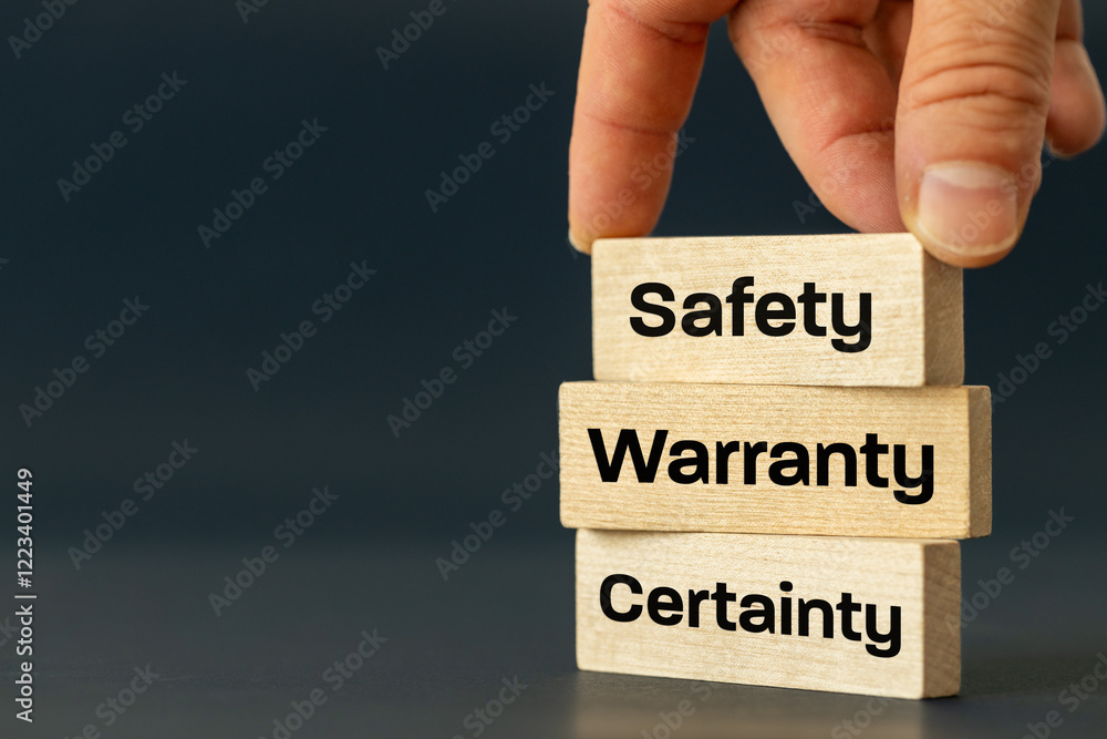 Safety Warranty Certainty Concept words. Business slogan. Building customer safety and trust. Safety, warranty and certainty icons on wooden blocks arranged by businessman's hand. copy space