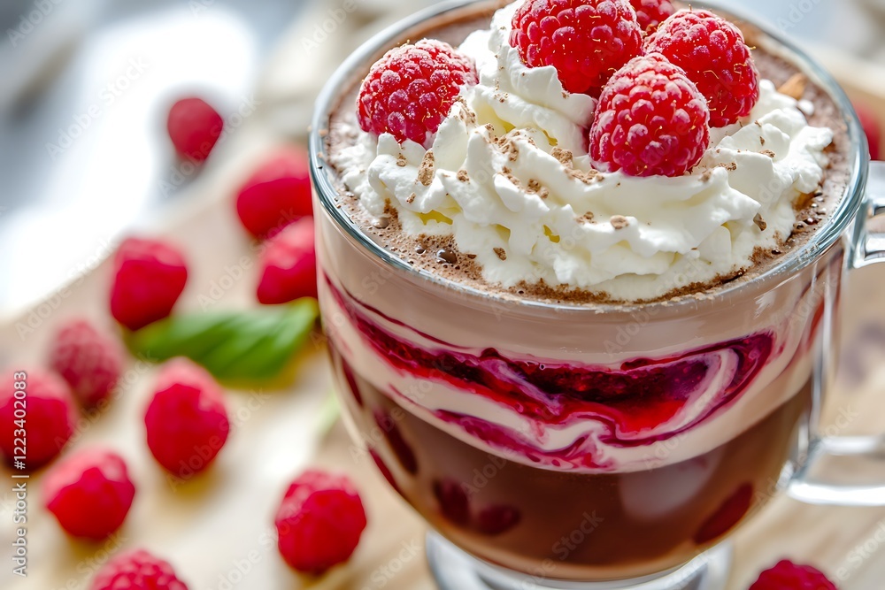 A decadent hot chocolate with raspberry puree swirled through it, topped with whipped cream and fresh raspberries. A decadent hot chocolate with raspberry puree swirled through it, topped with whipped cream and fresh raspberries.