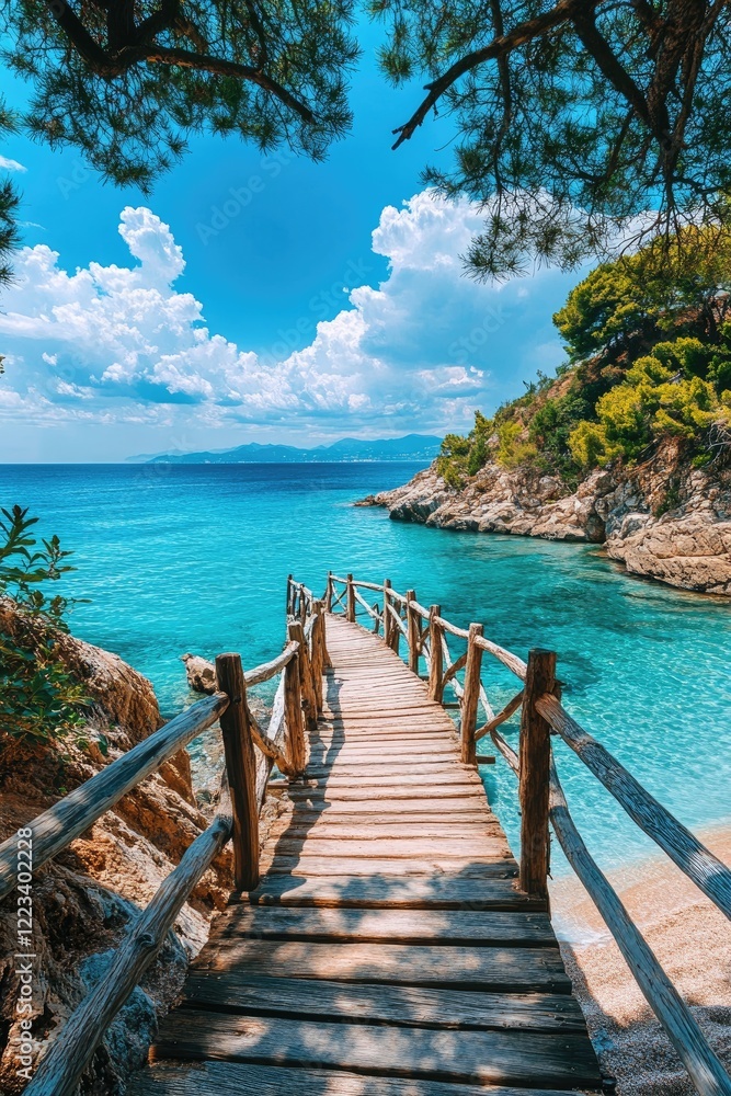 Beautiful wooden bridge on the background of a tropical island. Selective focus. Beautiful wooden bridge on the background of a tropical island. Selective focus.
