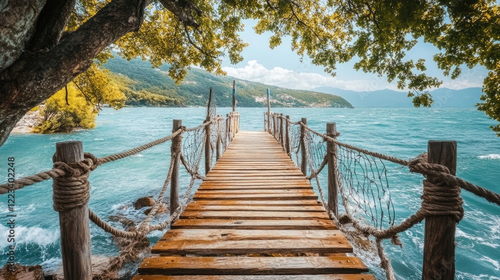Fototapeta premium Beautiful wooden bridge on the background of a tropical island. Selective focus.