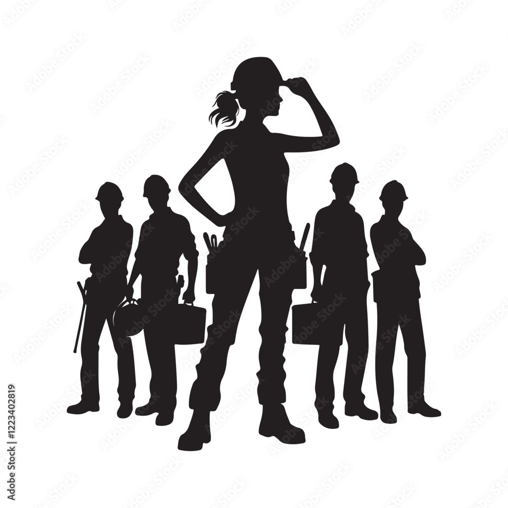 Silhouette of construction workers, industrial scene, group of laborers