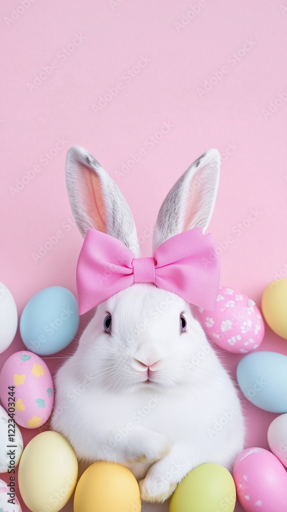 Fototapeta premium White rabbit wearing a pink bowtie is sitting on a bed of colorful Easter eggs