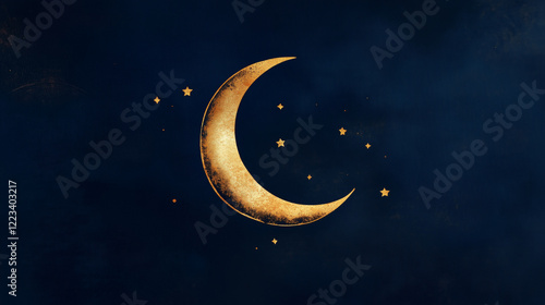 Sleek crescent moon and stars in metallic gold on a deep navy blue background, Islamic Background, Ramadan Kareem