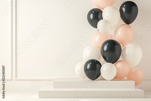 Elegant and simple product podium with a backdrop of geometric balloons, ideal for minimalist presentations. photo