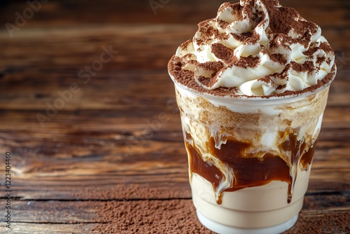 A decadent tiramisu latte with whipped cream, cocoa powder, and a coffee drizzle, resting on a rustic wooden table. photo