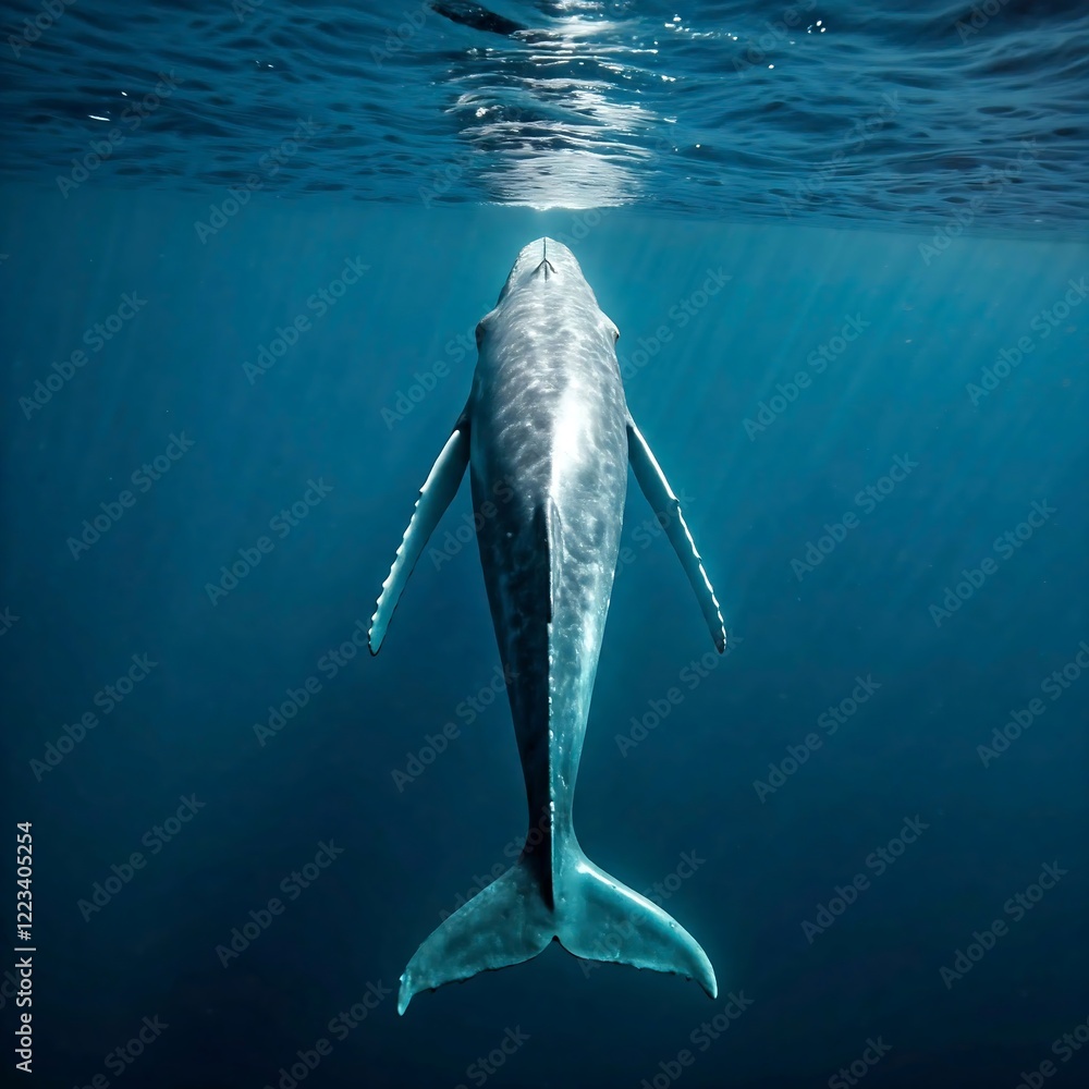Naklejka premium A gentle giant, a blue whale, gracefully gliding through the deep ocean, World Whale Day, marine life, immensity, tranquility
