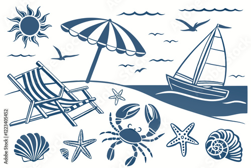 Beach vacation, nautical elements, blue and white illustrations, seashells, crustaceans, boats, beach umbrella, deck chair, seagull, starfish, swimsuit, seahorse, conch shell, sailboat, fishing boat, 