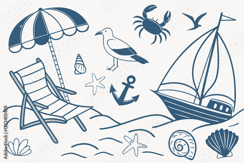 Beach vacation, nautical elements, blue and white illustrations, seashells, crustaceans, boats, beach umbrella, deck chair, seagull, starfish, swimsuit, seahorse, conch shell, sailboat, fishing boat, 