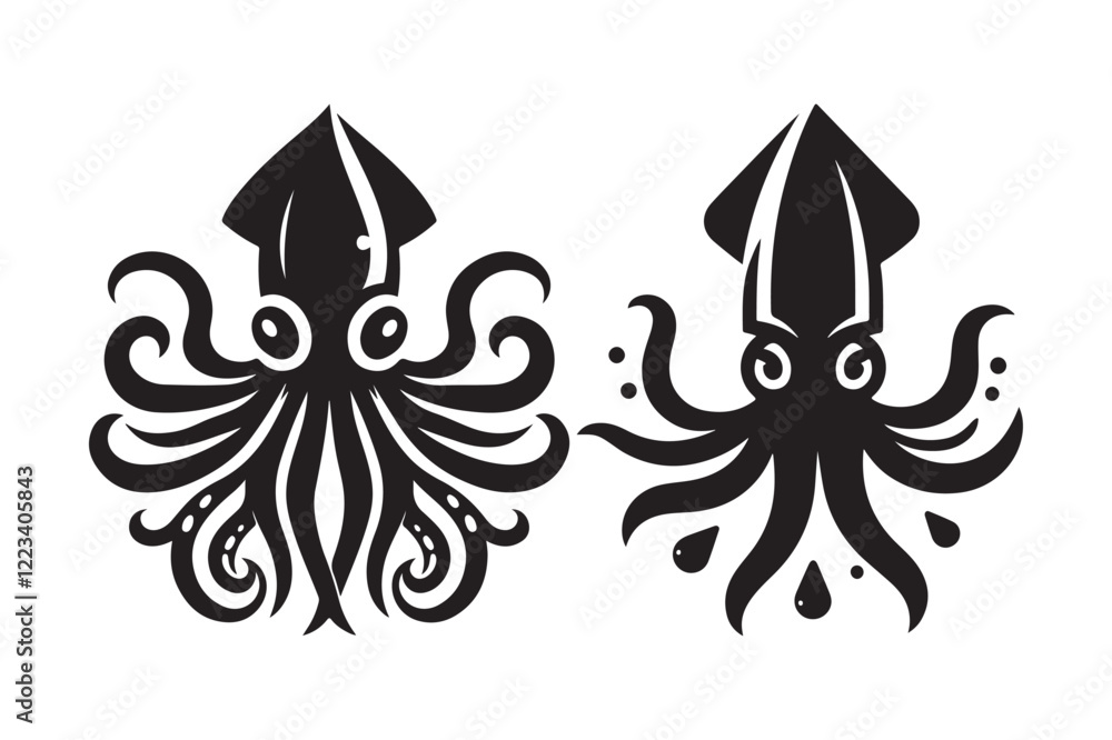 Marine Life Graphics: Squid Silhouette Vectors for Posters & Logos Marine Life Graphics: Squid Silhouette Vectors for Posters & Logos