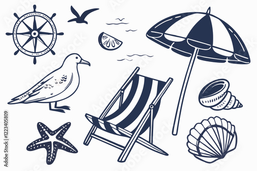 Beach vacation, nautical elements, blue and white illustrations, seashells, crustaceans, boats, beach umbrella, deck chair, seagull, starfish, swimsuit, seahorse, conch shell, sailboat, fishing boat, 