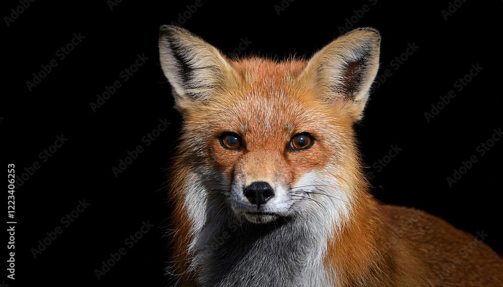 close-up of a red fox's face with sharp pointed ears, fiery orange fur, and intense gaze against a black background
close-up of a red fox's face with sharp pointed ears, fiery orange fur, and intense gaze against a black background