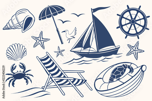 Beach vacation, nautical elements, blue and white illustrations, seashells, crustaceans, boats, beach umbrella, deck chair, seagull, starfish, swimsuit, seahorse, conch shell, sailboat, fishing boat, 