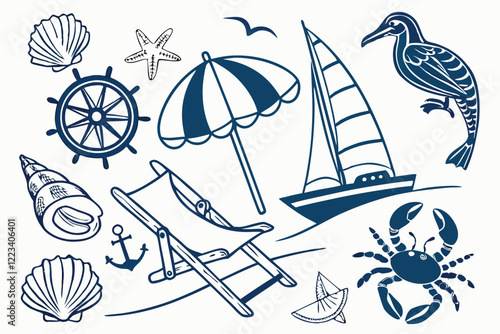 Beach vacation, nautical elements, blue and white illustrations, seashells, crustaceans, boats, beach umbrella, deck chair, seagull, starfish, swimsuit, seahorse, conch shell, sailboat, fishing boat, 
