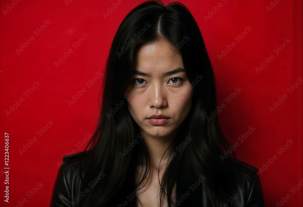 Woman with anger expression isolated on red background Woman with anger expression isolated on red background