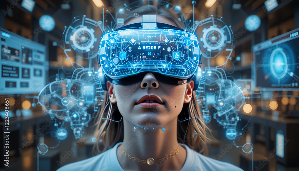 Naklejka premium Human Wearing Futuristic VR Headset in a Digital Virtual Reality Interface