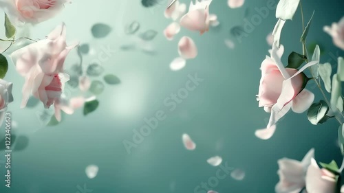 Delicate pink roses releasing petals in gentle breeze against soft background