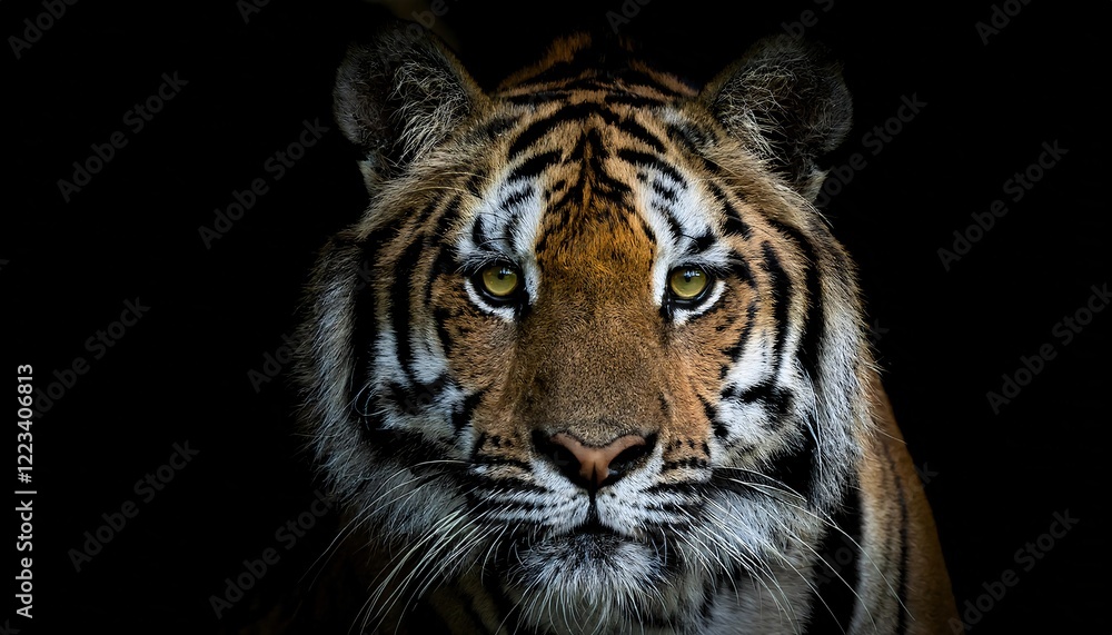 close-up portrait of a tiger with piercing eyes, detailed orange and black stripes, and sharp whiskers emerging from the dark
close-up portrait of a tiger with piercing eyes, detailed orange and black stripes, and sharp whiskers emerging from the dark