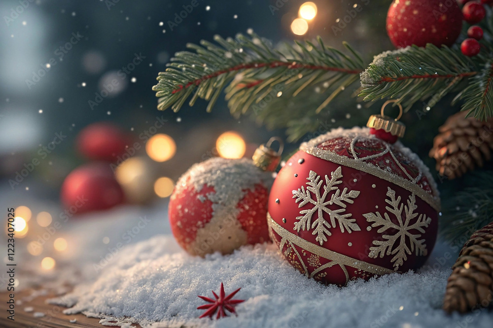 Obraz premium Festive Christmas ornaments nestled in snow with twinkling lights and pine branch.