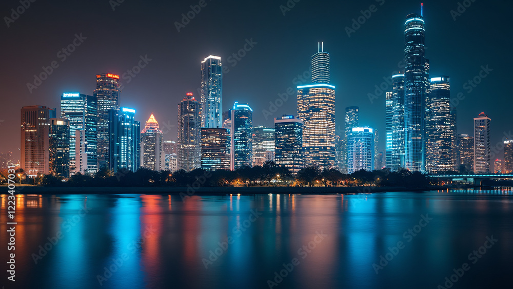 Fototapeta premium Guangzhou Skyline: Neon Reflections at Night