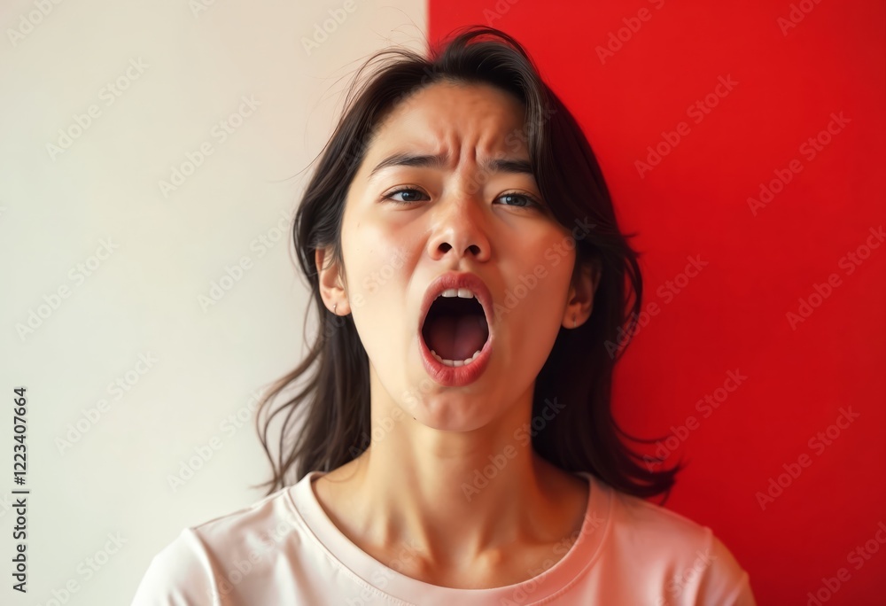 A woman with anger expression isolated on white and red background A woman with anger expression isolated on white and red background