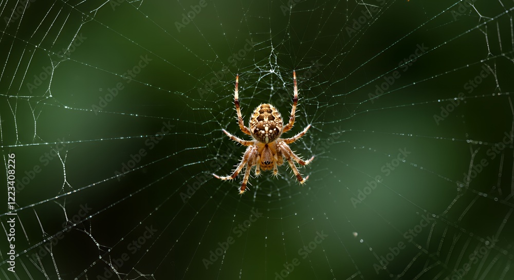 A spider sits patiently in its intricate web A spider sits patiently in its intricate web
