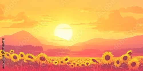 Sunflower field at sunset yellow orange realistic style