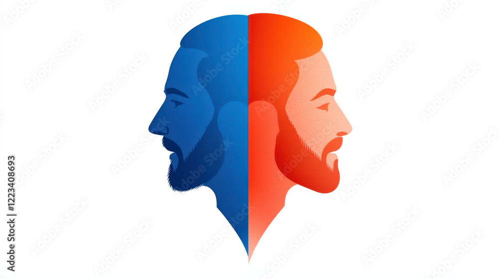 This features stylized of two male profiles, one blue and other orange This features stylized of two male profiles, one blue and other orange