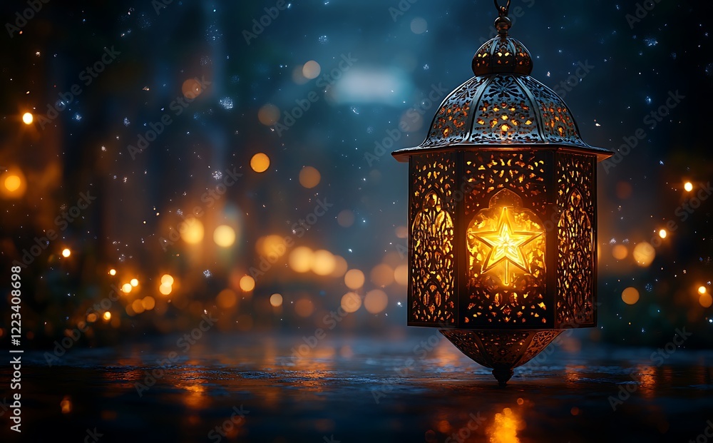 Illuminated Ornate Lantern Hanging Against Sparkling Lights with a Bokeh Effect
Illuminated Ornate Lantern Hanging Against Sparkling Lights with a Bokeh Effect