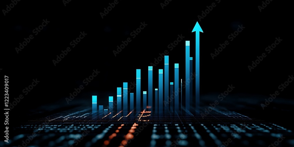 Naklejka premium Financial Growth chart with blue arrow Bar chart of stock market on dark background 