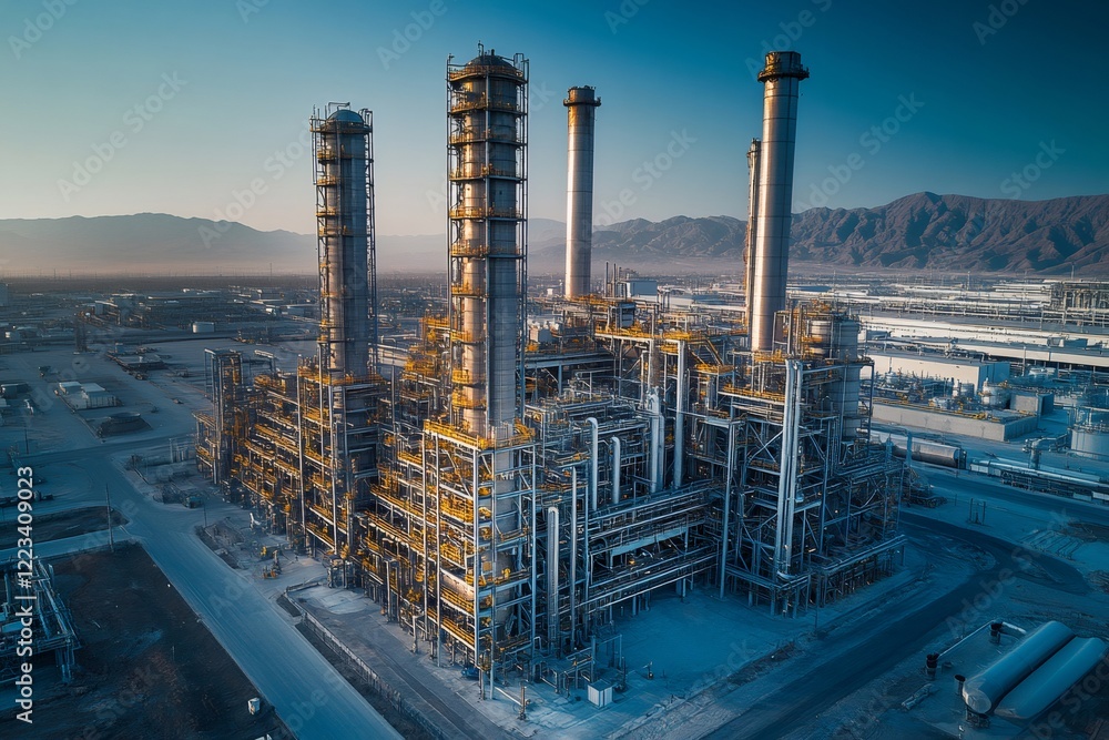 Fototapeta premium Industrial Refinery with Tall Chimneys at Sunrise