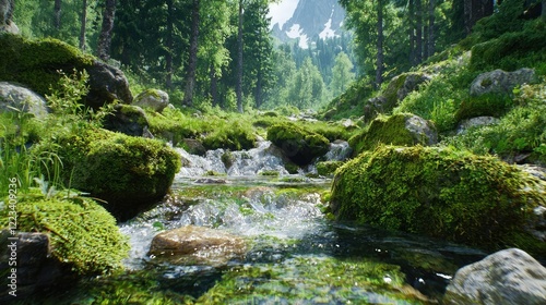 Mountain stream flowing through lush green forest