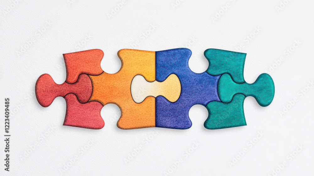Fototapeta premium Colorful puzzle pieces arranged in creative pattern on white background